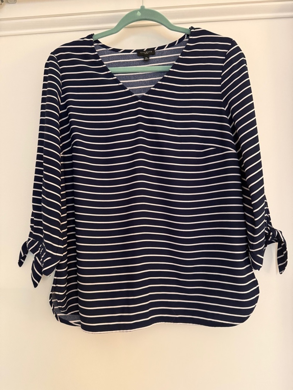 Talbots Navy & White Striped V-Neck Tie-Sleeve Blouse
